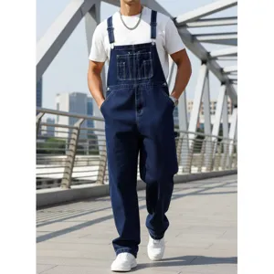 Men's Casual Loose Fit Denim Overalls Dark Blue Streetwear Bib Pants Cargo Jumpsuit