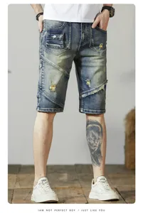 Herren Destroyed Jeansshorts mit Patchwork Rohkanten, lässige Retro Stretch Bermudas.
