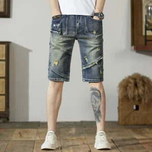 Herren Retro Distressed Denim Shorts Lässige Slim Fit Patchwork Raw Edge Fünf-Punkt-Denim-Hose