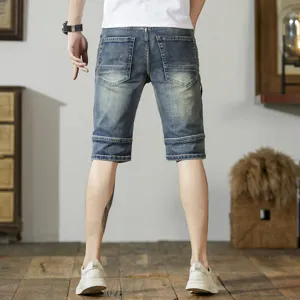 Herren Vintage Distressed Jeans-Shorts, schmale Passform knielange Five-Point-Hose für Freizeit.