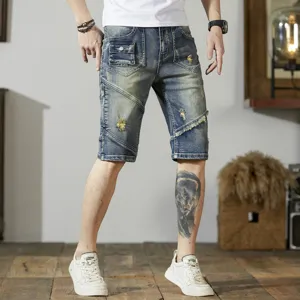 Herren Destroyed Patchwork Jeansshorts Retro Lässige Slim Fit Fünf-Viertel-Hose Sommer
