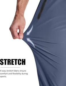 Men athletic pants detail showing 4-way stretch fabric flexibility and comfort for sports.