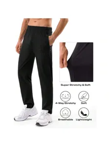 Men's black athletic pants featuring breathable lightweight fabric and four-way stretch comfort.