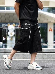 Shorts in Denim Casual da Uomo Stile Hip Hop Cotone Lavato Gamba Dritta Con Strass E Bordo Vivo Estate