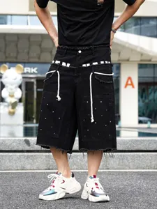 Pantaloncini in denim nero estivi da uomo stile hip hop strass patchwork frange streetwear.