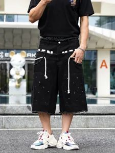 Shorts di jeans hip hop da uomo estate casual streetwear strass patchwork raw edge
