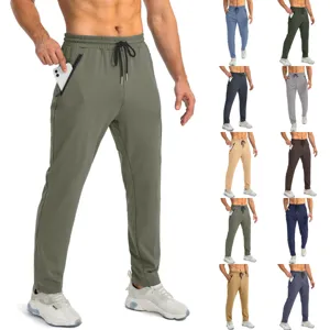 Men's breathable casual sports pants with zipper pockets and slim straight fit for running.