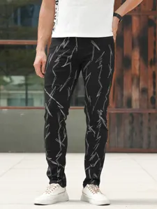 Men's Slim Fit Stretch Black Jeans with White Embroidery Detailed Casual Denim Trousers
