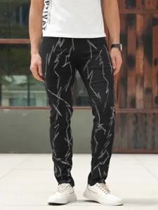 Men's slim fit washed denim jeans with white embroidery, stretchy casual pants for daily wear.