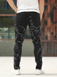 Mens slim fit washed black jeans with white embroidery casual stylish denim trousers