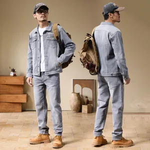 Detailed view of men grey denim jacket and jeans set, showcasing front and back fit.