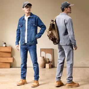 Men's Casual Denim Jacket And Pants Set Long Sleeve Lapel Single-Breasted Regular Fit Cotton Outwear Trousers Fashion