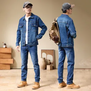 Men's denim jacket and jeans set casual slim fit vintage blue denim two-piece outfit