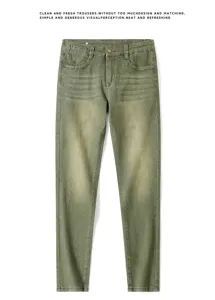 Men's slim fit casual denim trousers in vintage green, perfect for everyday stylish wear.