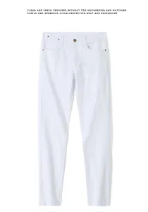 Men's white slim fit jeans detail view, featuring clean fabric and classic metal button closure.