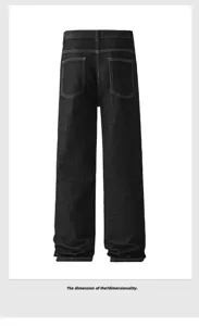 Dark denim jeans back detail showing utility pockets, belt loops and sturdy contrast stitching.