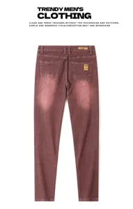 Men's slim fit casual denim trousers, stylish burgundy long pants for daily wear and street.