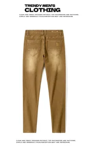 Detailed back view of men's slim fit khaki denim trousers, showcasing back pockets and tags.