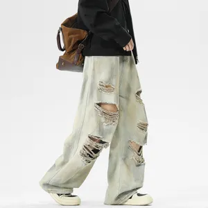 Vaqueros anchos rotos para hombre, pantalón largo informal de estilo urbano con lavado sucio.