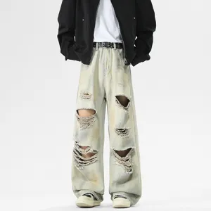 Pantalón Vaquero Casual para Hombre Desgastado Lavado Recto Suelto Streetwear Tendencia Estilo Hip Hop