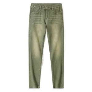 Men's stylish slim fit washed denim jeans, casual stretch green trousers for daily wear.
