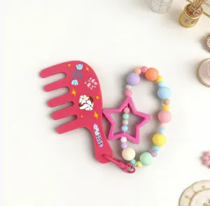 Cute acetate children wide tooth comb with colorful silicone bead strap and star charm portable.