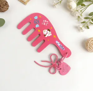 Pink cute floral acetate wide tooth comb with bow and heart pendant, portable hair tool.