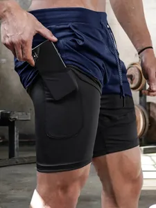 Pantaloncini da corsa 2 in 1 asciugatura rapida uomo con tasca telefono, fitness sport.