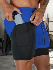 Pantaloncini sportivi uomo 2 in 1 asciugatura rapida con tasca telefono fitness palestra