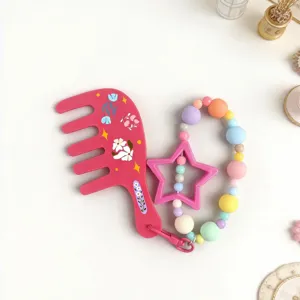 Cute children's wide-tooth hair comb with colorful beaded chain and star pendant for girls.