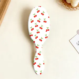 Cute cherry print oval hair cushion brush, wet and dry detangling styling hairbrush.