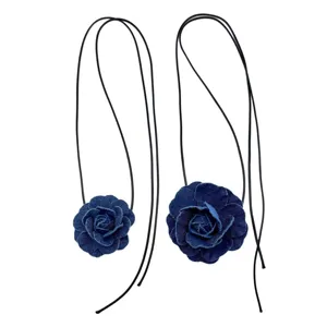 Collana con fiore di rosa in denim francese donna moda estate corda lunga girocollo gioiello