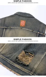 Vintage washed distressed men's denim vest detail showing raw edges and ripped design elements.
