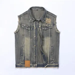 Men's Vintage Washed Denim Vest Sleeveless Distressed Jacket Lapel Single-Breasted Retro Outerwear