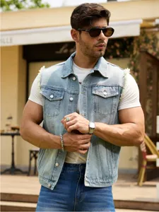 Men street style light blue denim vest detail, raw edge sleeveless fashion outerwear.