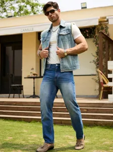Men's stylish sleeveless denim vest casual frayed streetwear blue denim jacket coat