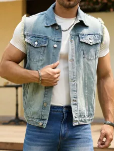 Detailed view of a light blue men denim vest featuring raw edge design and metal buttons.