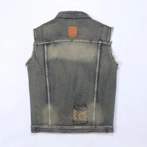 Vintage washed sleeveless denim vest for men with distressed holes and back leather label.