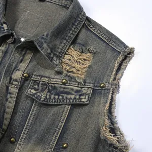 Vintage washed distressed denim vest for men, sleeveless retro jacket with raw edge details.