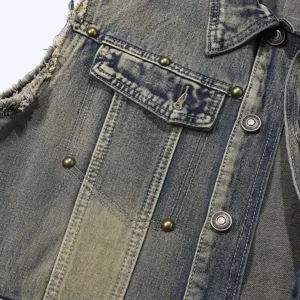 Men vintage distressed denim vest sleeveless jacket retro washed ripped outerwear stylish design.