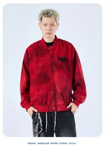 Ανδρικό retro streetwear μπουφάν bomber, casual κόκκινο πλυμένο τζάκετ με μοναδικό στυλ.