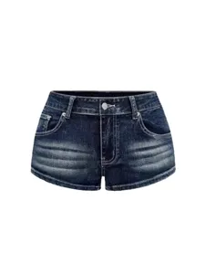 Detail van donkerblauwe high-waist denim shorts voor dames met vintage wassing.