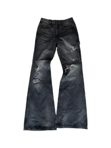 Distressed black flared denim jeans for men, high street style retro washed denim pants.