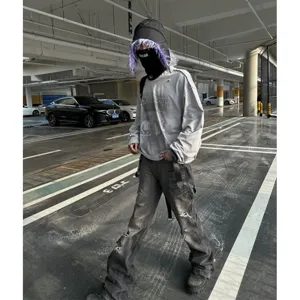 Men vintage flared jeans streetwear heavy distressed casual trousers fashion aesthetic apparel