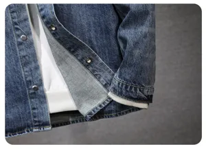 Men's denim shirt detail, vintage casual style, close up of cuff and button craftsmanship.