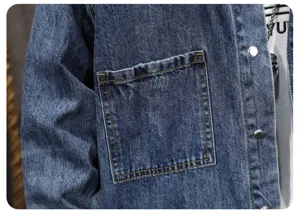 Close-up of men's vintage denim shirt with chest pocket, durable fabric and contrast stitching.