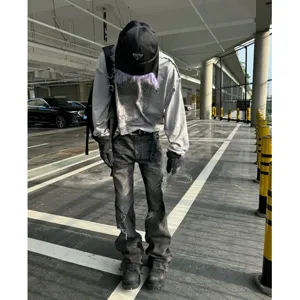 Men's heavy distressed flared jeans street style high street vintage denim pants fashion