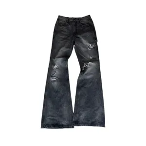 Men's vintage washed distressed flared jeans high street black denim pants casual.