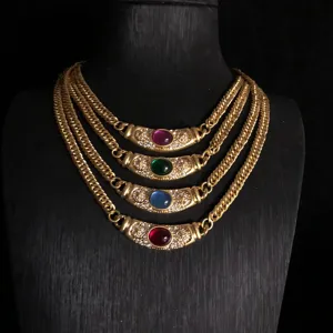 French Vintage Copper Chain Necklace With Colored Glass And Rhinestones Gold Plated Choker Jewelry For Women