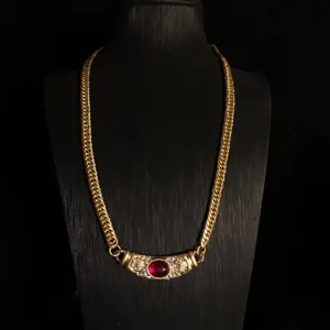 French vintage gold chain necklace with rhinestone and colored glass pendant for women detail view